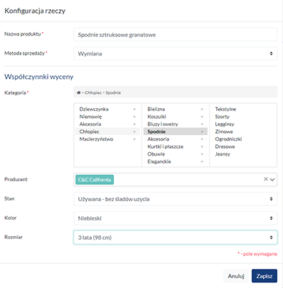 Panel informacji o sprzedawanej rzeczy